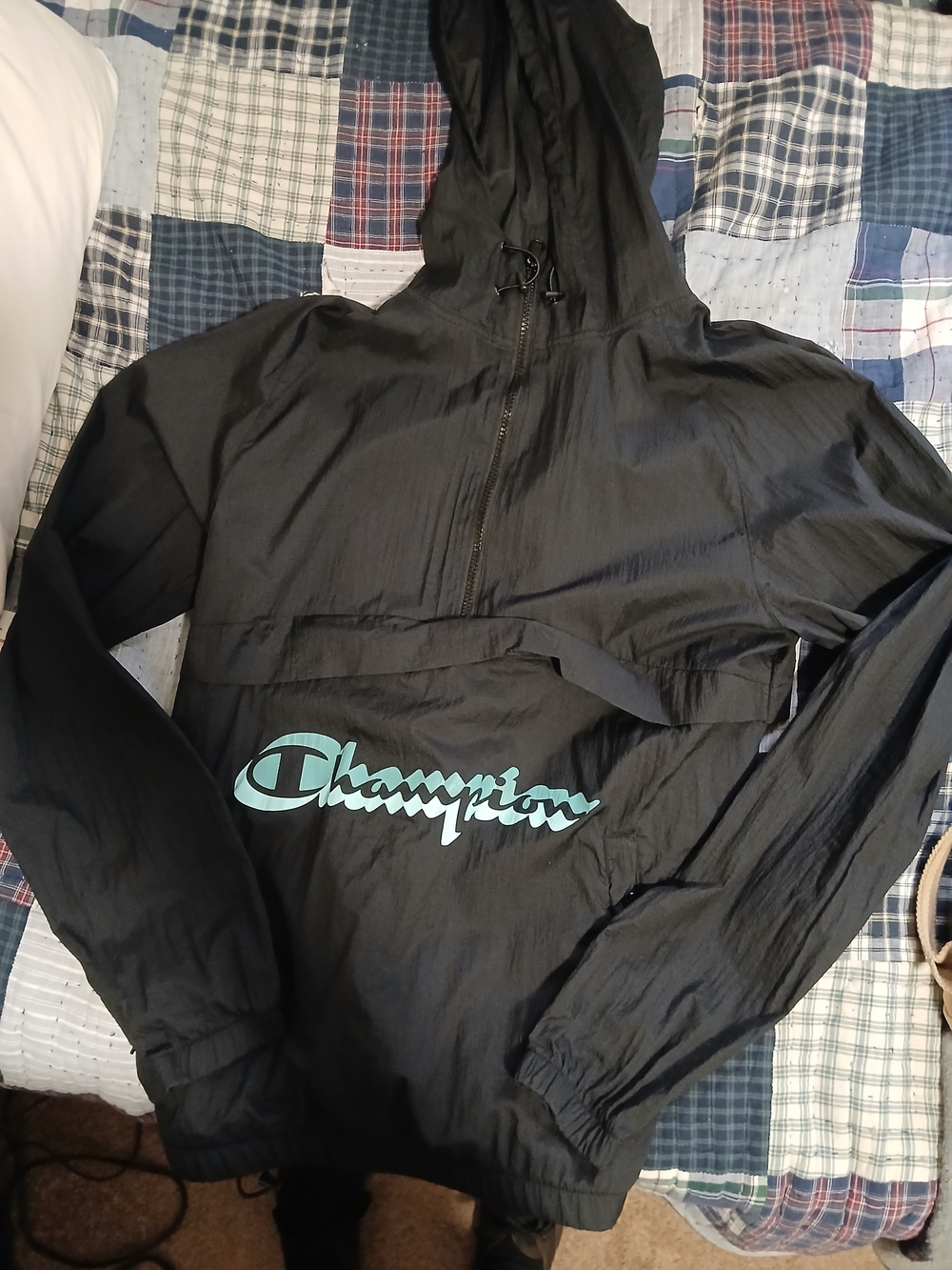 Champion Black Hooded Pullover Windbreaker with Mint Script Logo